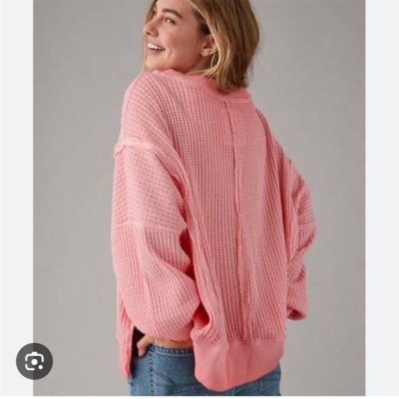 Aerie Soft Coral Pink Oversized Ribbed V-Neck Sweater - Picture 2 of 9